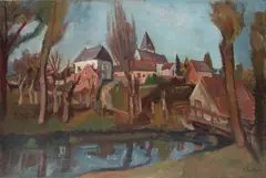 Henri Epstein, Miasteczko nad rzeką, ok. 1924 r., 1924, olej, płótno