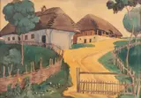 Widok na chaty by Władysław Skoczylas, akwarela, papier, sold Jan 2025