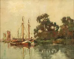 Przy brzegu by Rudolf Priebe, olej, sklejka, 32, sold Jan 2025