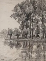 Nad wodą by Jan Peszke, kredka, papier, sold Jan 2025