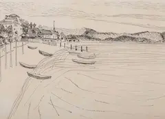 Władysław Brzosko, Sopot. Nad brzegiem III, ołówek, tusz, papier