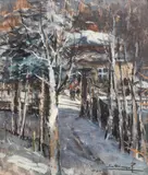 Sopot. Pejzaż zimowy by Eugeniusz Dzierżencki, olej, tektura, 40, sold Jan 2025