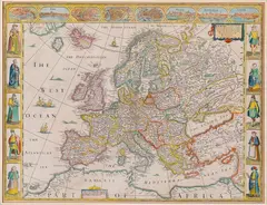 John Speed, Europ and the cheife cities…, Mapa Europy pochodząca z dzieła „A prospect of the most famous parts of the world”, stan pierwszy, Londyn 1626; u góry widoki Londynu, Paryża, Rzymu, Konstantynopola, Wenecji, Pragi, Amsterdamu i Lizb