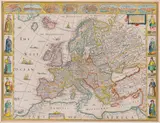John Speed, Europ and the cheife cities…, Mapa Europy pochodząca z dzieła „A prospect of the most famous parts of the world”, stan pierwszy, Londyn 1626; u góry widoki Londynu, Paryża, Rzymu, Konstantynopola, Wenecji, Pragi, Amsterdamu i Lizb