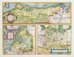 Abraham Ortelius, Pomeraniae, Wandalicae Regionis, typ., Mapa 3-częściowa Pomorza, Inflant i Księstwa Oświęcimsko-Zatorskiego, pochodząca z dzieła „Theatrum orbis terrarum”, Antwerpia, 1608; na verso tekst w języku włoskim miedzioryt kolorowany w epoce, 38