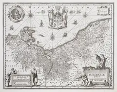 Joannes Janssonius Eilhardus Lubinus, Nova illustrissimi Ducatus Pomeraniae, Mapa Księstwa Pomorskiego, Amsterdam, 1632; na verso tekst w języku łacińskim miedzioryt, 38