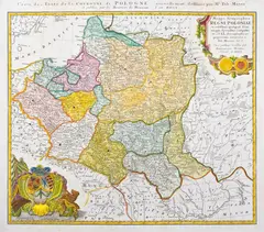 Tobias Mayer, Mappa geographica Regni Poloniae…, Mapa ziem Rzeczpospolitej, pierwsza płyta, wyd. Spadkobiercy Homanna, Norymberga 1750 miedzioryt kolorowany w epoce
