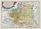 Jean-Baptiste Nolin, Carte des Etats de Pologne dressée sur les dernières observations…, Mapa ziem Rzeczpospolitej, pochodząca z dzieła S. Pufendorfa „Introduction a l’histoire moderne, generale…”, Paryż, ok. 1753 miedzioryt kolorowany, 22