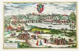 Frans Hogenberg Georg Braun, Grodna. Vera Designatio Urbis in Littavia Grodnae, Panorama Grodna pochodząca z dzieła „Civitates orbis terrarum...”, 1579; na verso tekst w języku francuskimmiedzioryt kolorowany