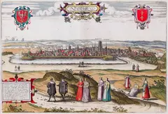 Frans Hogenberg Georg Braun, Dantzigt, Widok Gdańska od strony północno-zachodniej, pochodzący z dzieła „Civitates orbis terrarum”, 1575 miedzioryt kolorowany