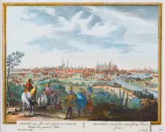 Peter Schenk, Cracau, eene feer oude Groote… / Cracovia, vetustissima amplissimaque Poloniae Civitas, Widok Krakowa pochodzący z dzieła „Hecatompolis, sive totius orbis…”, Amsterdam, 1702 miedzioryt kolorowany
