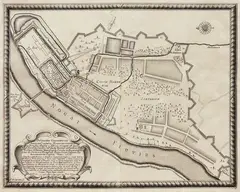 Erik J. Dahlberg, Delineatio Geometrica Arcis et Civitatis Marienburgensis in Borussia…, Plan oblężenia Malborka przez wojska szwedzkie w czasie Potopu z lat 1656-1660, pochodzący z dzieła S. Pufendorfa „De Rebus a Carolo Gustavo…”, Norymberga, 1696 miedzioryt, 25