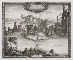 Erik J. Dahlberg, Flatou Pomerelliae Arx dificillimi accessus…, Widok zamku w Złotowie, ostrzeliwanego przez Szwedów, pochodzący z dzieła S. Pufendorfa „De rebus a Carolo Gustavo”, Norymberga, 1696 miedzioryt, 27