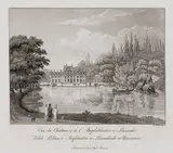 Fryderyk Krzysztof Dietrich, Vue du Chateau et de l’Amphitheatre a Lazienki, Widok Pałacu i Amfiteatru w Łazienkach, pochodzący z „12 widoków Warszawy”, wyd. Antoni dal Trozzo, 1827-1829 akwaforta, akwatinta