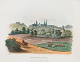 Frederick Christian Lewis, Monastery of Oliva, Widok opactwa cysterskiego w Oliwie według Roberta Johnstona, pochodzący z dzieła „Travels through part of the Russian Empire…”, wyd. J. J. Stockdale, Londyn 1815 akwatinta barwna, wym. arkusza 20