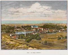 Gustav Schönleber, Oliva. Von Gustav Schönleber, Widok Oliwy, ryt. Adolf Closs i J. Lange, ok. 1880 drzeworyt sztorcowy kolorowany, wym. widoku 17