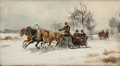 Jan Wolski, Wyjazd na zimowe polowanie, olej, deska