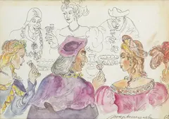 Towarzyska biesiada, 1962 r. by Maja Berezowska, 1962, akwarela, tusz, piórko, papier, sold Dec 2024
