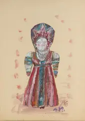 Andrzej Kreütz-Majewski, Projekt kostiumu do baletu Petrushka Igora Stravinskyego, 1969 r., 1969, kolaż, akwarela, papier