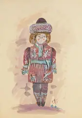 Andrzej Kreütz-Majewski, Projekt męskiego kostiumu do baletu Petrushka Igora Stravinskyego, 1969 r., 1969, kolaż, akwarela, papier