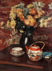 Chryzantemy i chińska porcelana by Wojciech Weiss, olej, sklejka, 64, sold Nov 2024