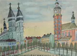 Nikifor Krynicki, Pejzaż miejski z Krakowa, ok. 1955 r., 1955, akwarela, gwasz, papier