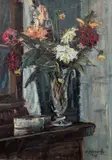 Dalie, 1956 r. by Eugeniusz Dzierżencki, 1956, olej, tektura, sold Nov 2024