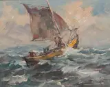 Łódź na morzu by Eugeniusz Dzierżencki, olej, tektura, sold Nov 2024