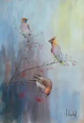 Jemiołuszki by Tomasz Motyl, pastel, papier, sold Nov 2024