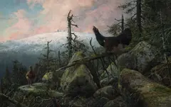 Carl Zimmermann, Tokujące głuszce na tle Śnieżki, olej, płótno