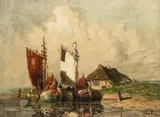 Rudolf Priebe, Pejzaż z łodziami i chałupą, olej, płótno, 60