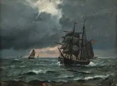 Wilhelm Bille, Pejzaż morski z żaglowcem, olej, tektura, 14