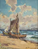 Widok morski by Eugeniusz Dzierżencki, olej, tektura, 20, sold Oct 2024