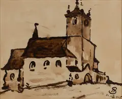 Stanislaw Noakowski, Widok na kościół z wieżą, 1918 r., 1918, akwarela, papier