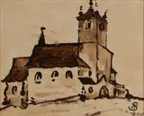 Stanislaw Noakowski, Widok na kościół z wieżą, 1918 r., 1918, akwarela, papier