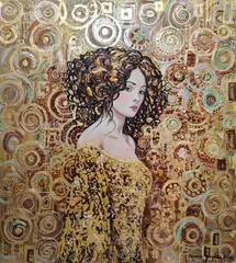 Mariola Świgulska, Hipnotyzujące spojrzenie w złotych ornamentach Klimta, 2024, 2024, akryl, szlagmetal, płótno