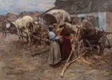 Rozmowa (Przy wozie, Przed karczmą), 1897 r. by Stanisław Bohusz-Siestrzeńcewicz, 1897, olej, płótno, sold Oct 2024