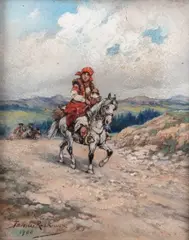 Tadeusz Rybkowski, Góralka na koniu, 1900 r., 1900, olej, deska, 8