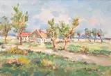 Dom wśród drzew by Eugeniusz Dzierżencki, olej, płótno, sold Oct 2024