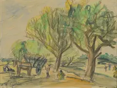 Pejzaż z wozem by Henri Epstein, akwarela, ołówek/papier, sold Oct 2024
