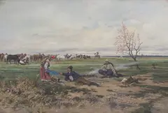Tadeusz Rybkowski, Scena rodzajowa na tle pejzażu, olej, sklejka