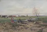 Tadeusz Rybkowski, Scena rodzajowa na tle pejzażu, olej, sklejka