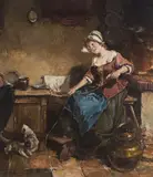 Gerhard Dickmeis, Zabawa z kotem, olej, płótno