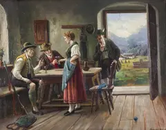 Bruno Blätter, Scena w alpejskiej chacie, olej, płótno