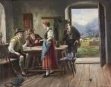 Bruno Blätter, Scena w alpejskiej chacie, olej, płótno