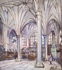Otto Hamel, Wnętrze Dworu Artusa w Gdańsku, olej, tektura, 19