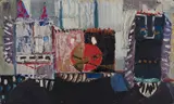 Magdalena Usarewicz, Trzy maski, olej, collage, tektura naklejona na płytę pilśniową