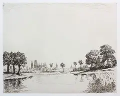 Berthold Hellingrath, Panorama Gdańska od strony Motławy, akwaforta, papier, 15