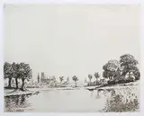 Berthold Hellingrath, Panorama Gdańska od strony Motławy, akwaforta, papier, 15