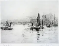Rowland Langmaid, London Bridge, sucha igła, papier